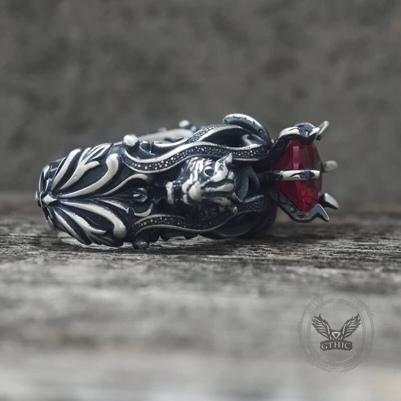 Gothic Tiger Heads Red Gem Sterling Silver Ring