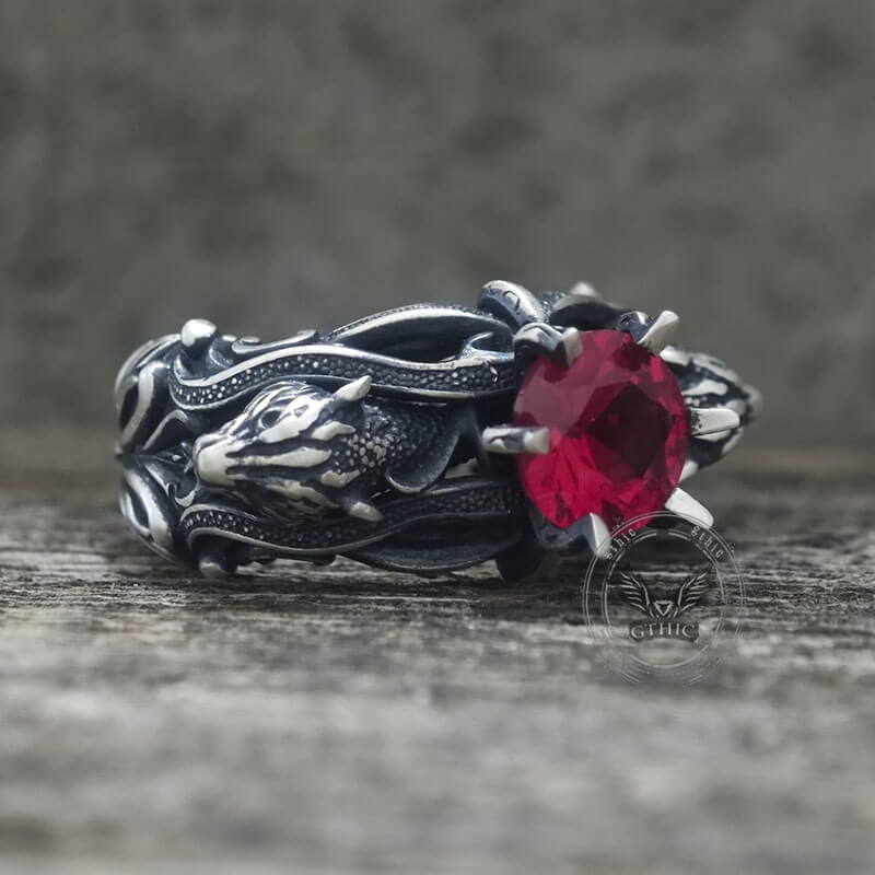 Gothic Tiger Heads Red Gem Sterling Silver Ring