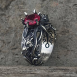 Gothic Tiger Heads Red Gem Sterling Silver Ring | Gthic.com