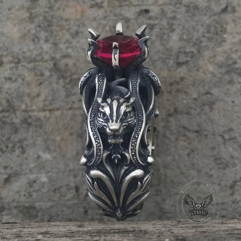 Gothic Tiger Heads Red Gem Sterling Silver Ring | Gthic.com