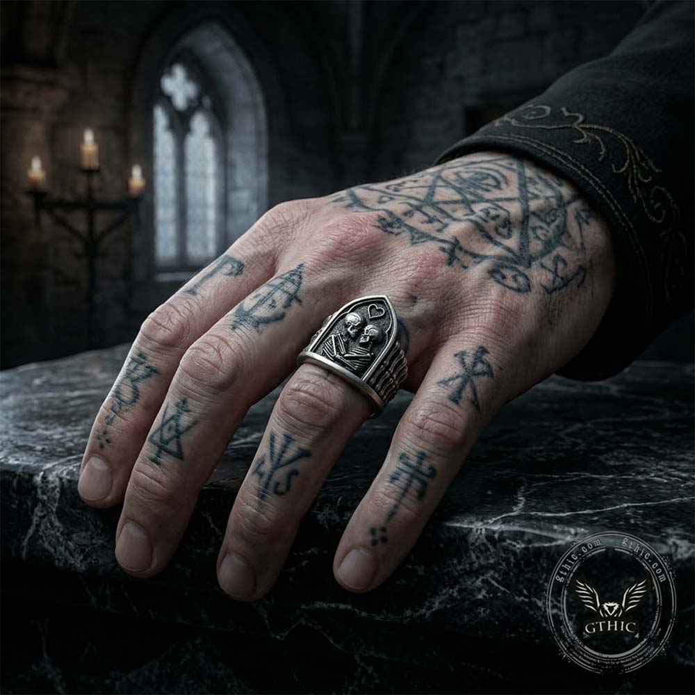 Gothic Till Death Skeleton Lovers Sterling Silver Ring | Gthic.com