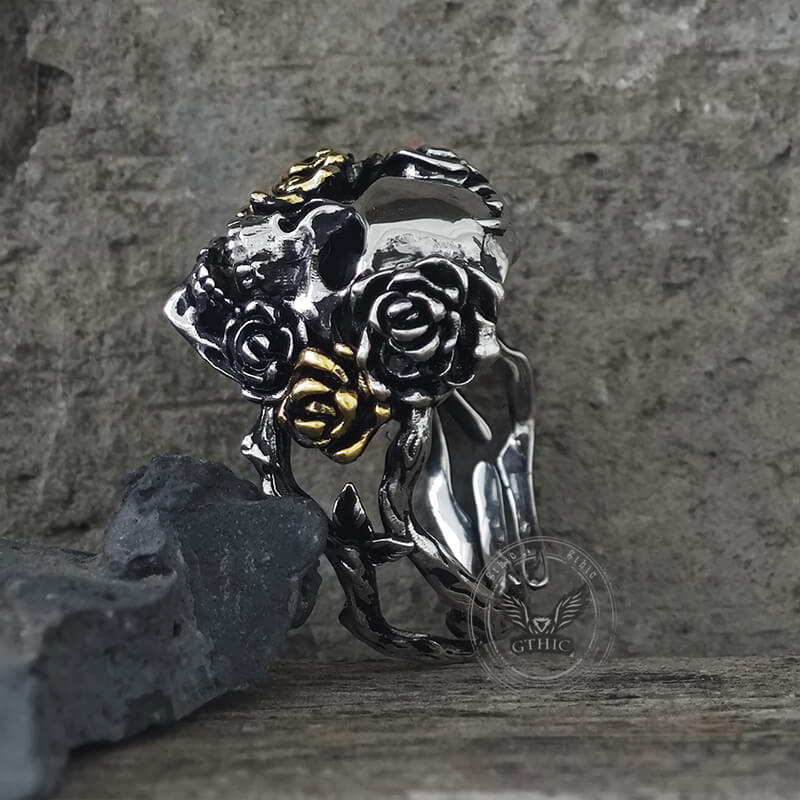 Gothic Vine Rose Skull Gem Sterling Silver Ring