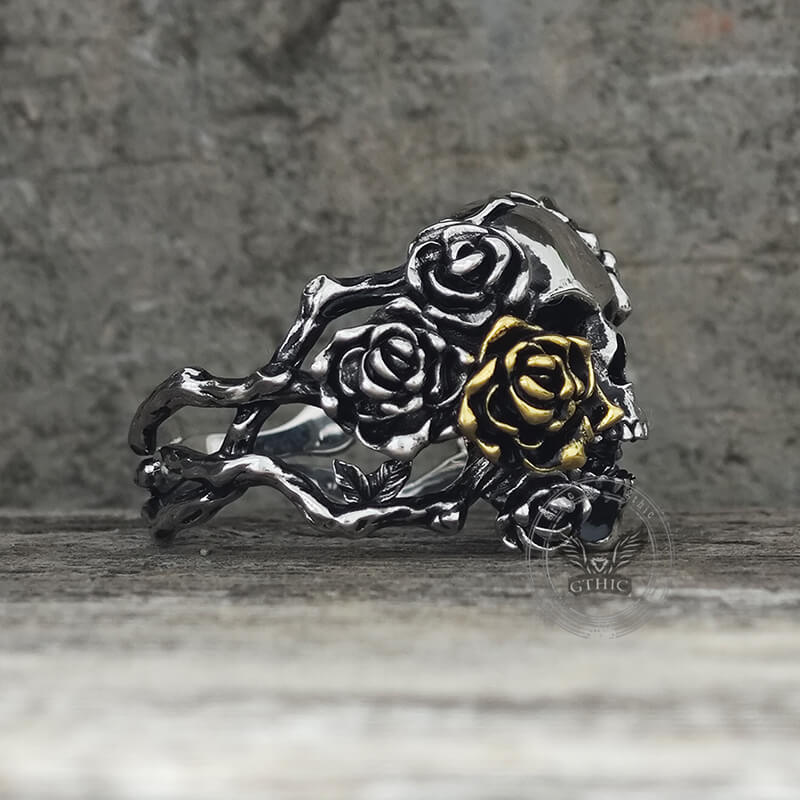 Gothic Vine Rose Skull Gem Sterling Silver Ring