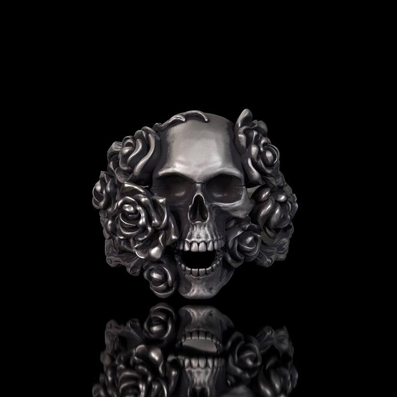 Gothic Vine Rose Skull Gem Sterling Silver Ring