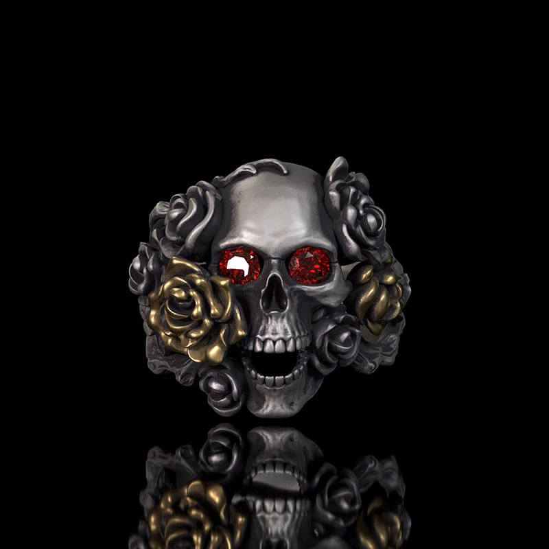 Gothic Vine Rose Skull Gem Sterling Silver Ring