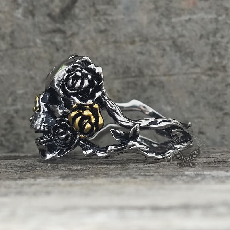 Gothic Vine Rose Skull Gem Sterling Silver Ring