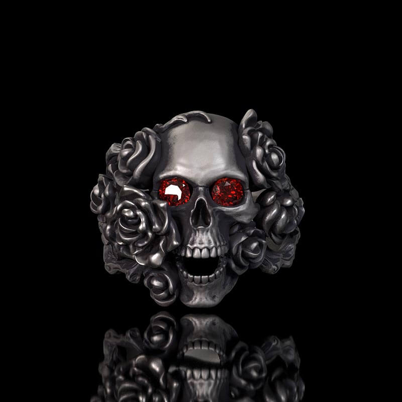 Gothic Vine Rose Skull Gem Sterling Silver Ring