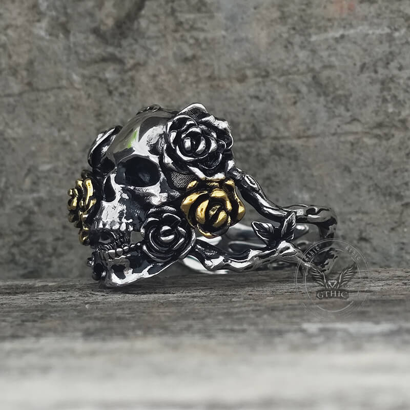 Gothic Vine Rose Skull Gem Sterling Silver Ring