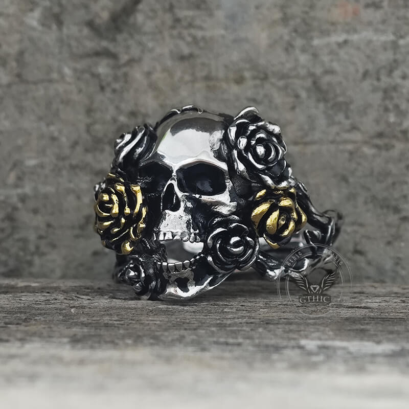 Gothic Vine Rose Skull Gem Sterling Silver Ring 03 | Gthic.com