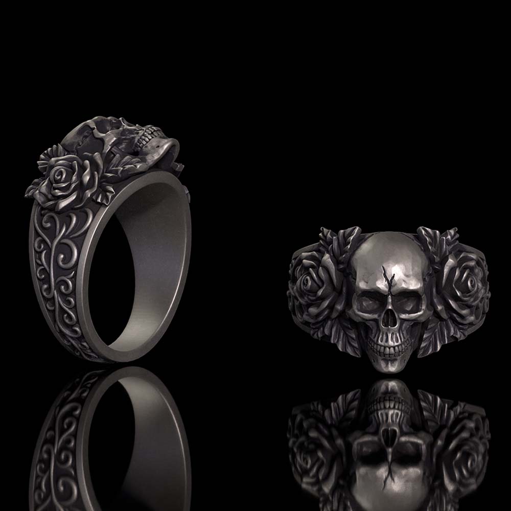 Gothic Vine Rose Skull Sterling Silver Ring | Gthic.com
