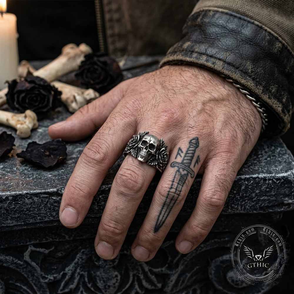 Gothic Vine Rose Skull Sterling Silver Ring | Gthic.com