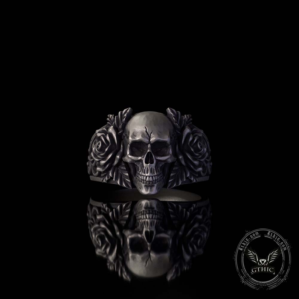 Gothic Vine Rose Skull Sterling Silver Ring | Gthic.com