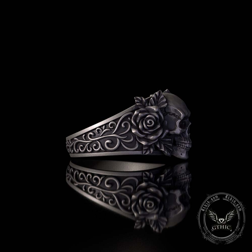 Gothic Vine Rose Skull Sterling Silver Ring