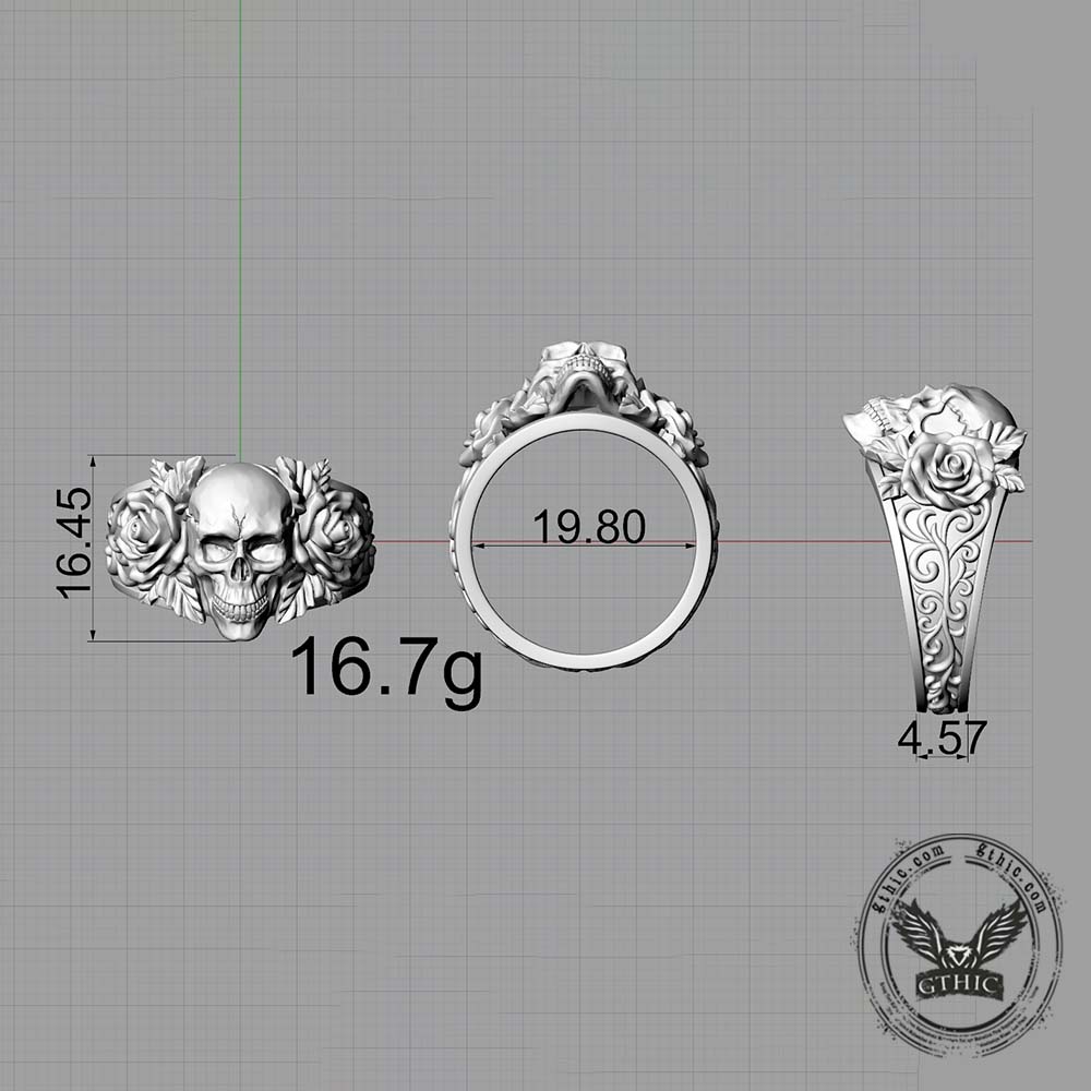 Gothic Vine Rose Skull Sterling Silver Ring