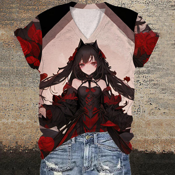 Gothic Wolf Girl V-Neck Anime T-Shirt