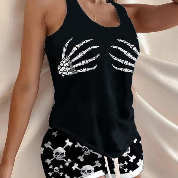 Gothic Women's Skull Pattern Vest Shorts Set | Gthic.com