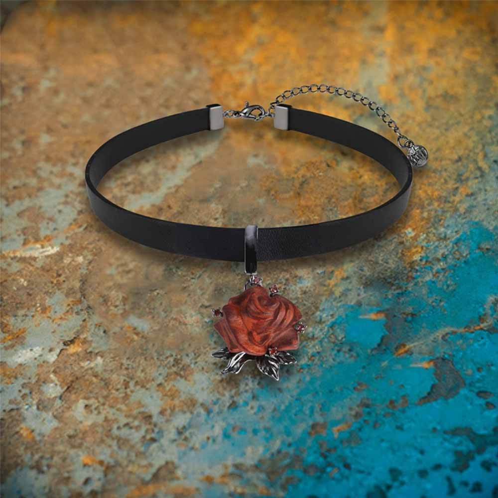 Gothic Wooden Rose Flower Design Alloy Choker Necklace | Gthic.com