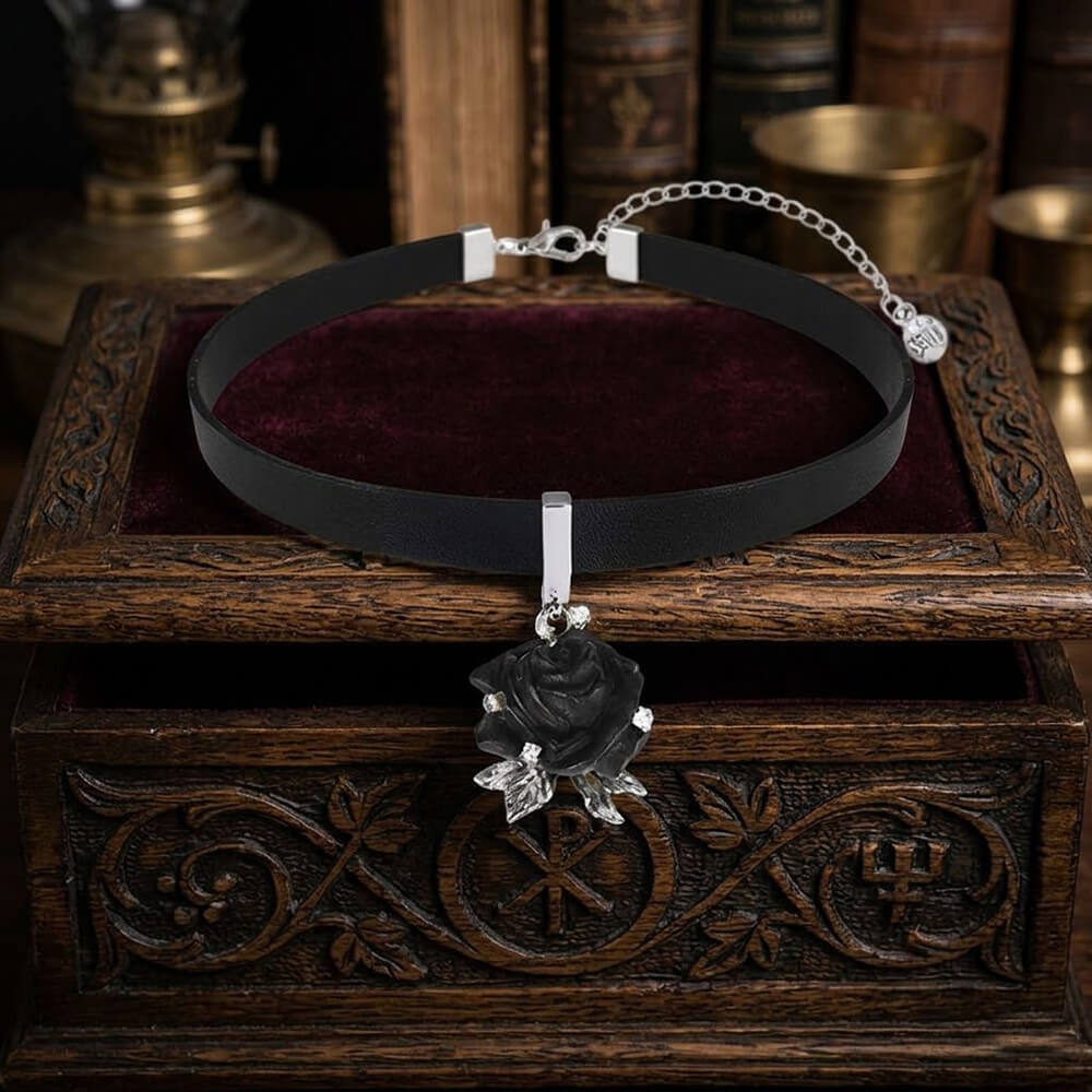 Gothic Wooden Rose Flower Design Alloy Choker Necklace | Gthic.com