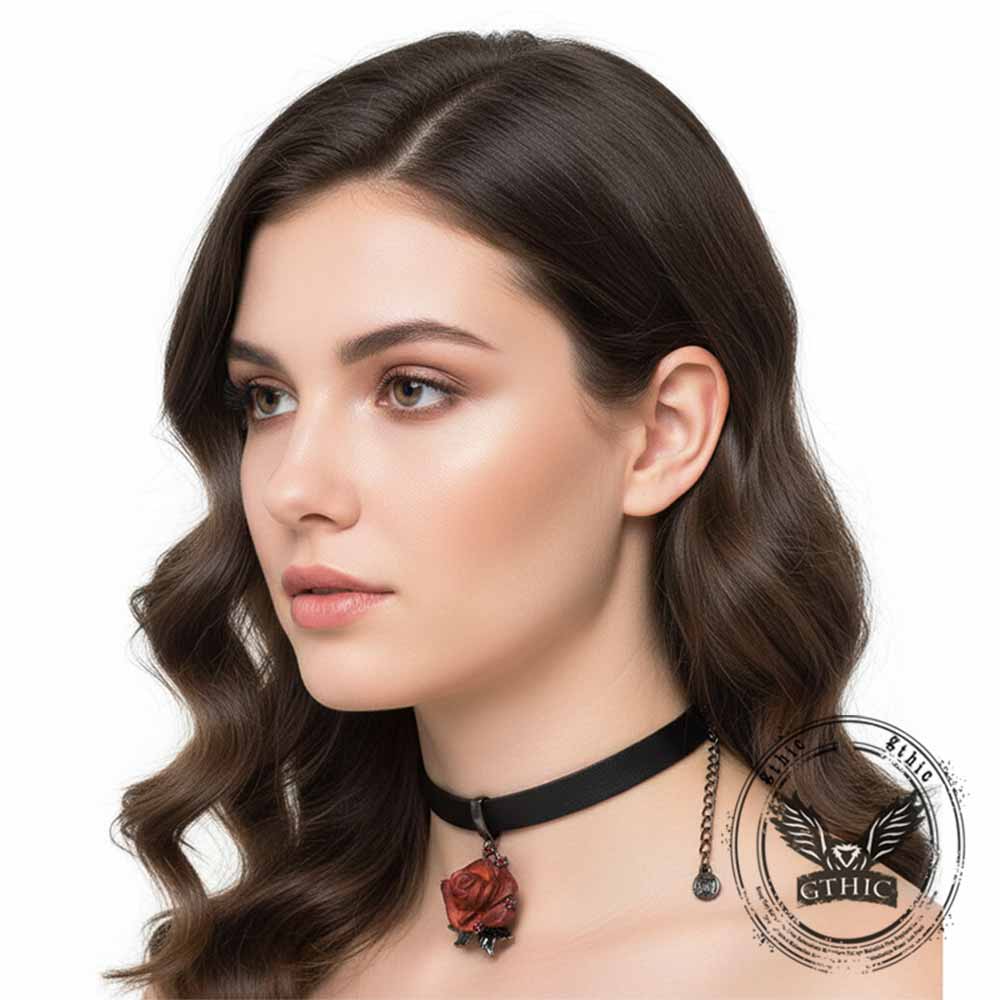 Gothic Wooden Rose Flower Design Alloy Choker Necklace | Gthic.com