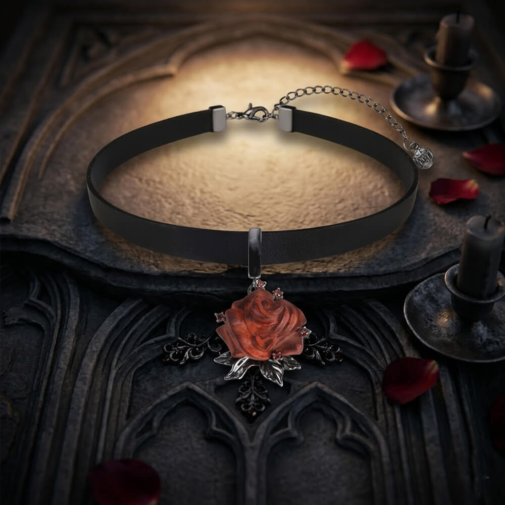Gothic Wooden Rose Flower Design Alloy Choker Necklace