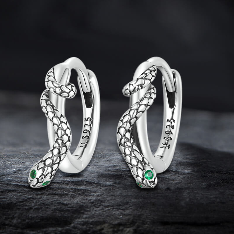 Green Eyed Snake Sterling Silver Hoop Earrings | Gthic.com