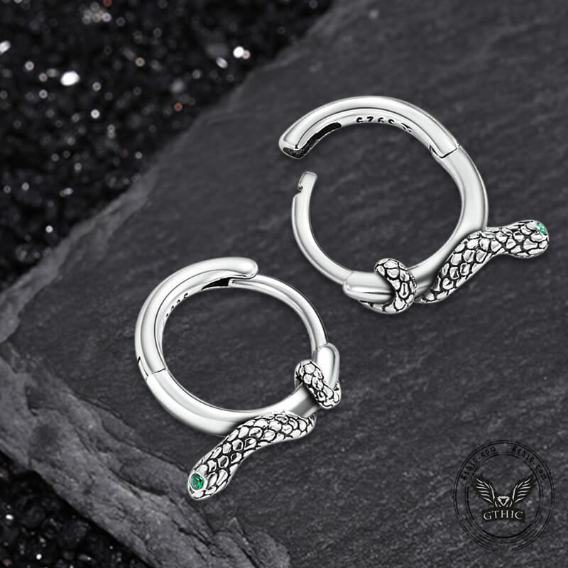 Green Eyed Snake Sterling Silver Hoop Earrings | Gthic.com