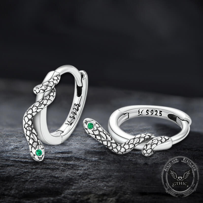 Green Eyed Snake Sterling Silver Hoop Earrings | Gthic.com