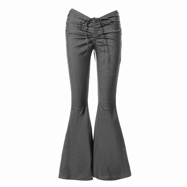 Grey V-Cut Lace-Up Polyester Bell Pants | Gthic.com