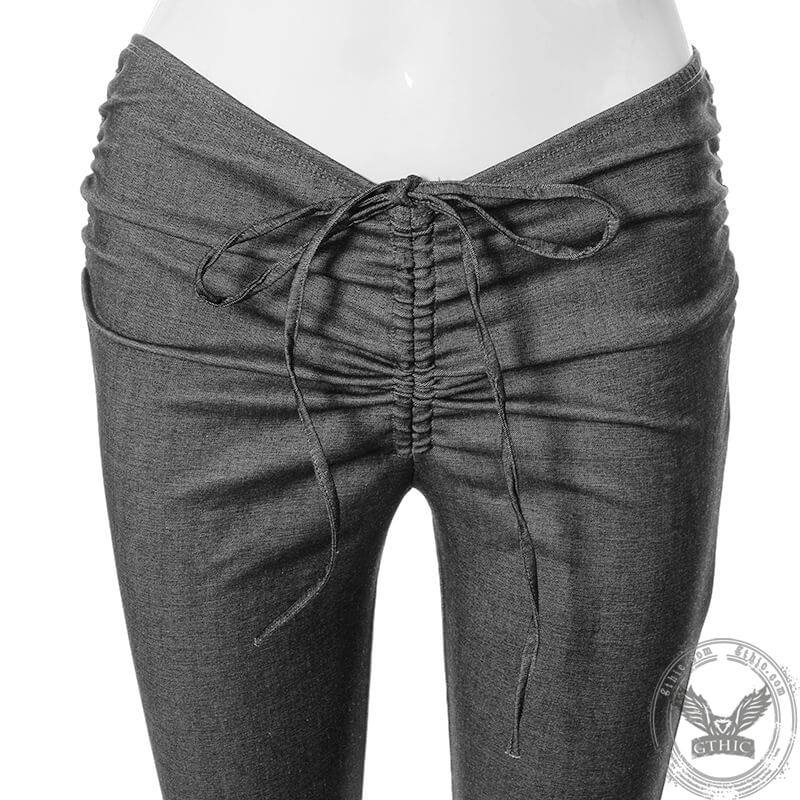 Grey V-Cut Lace-Up Polyester Bell Pants | Gthic.com