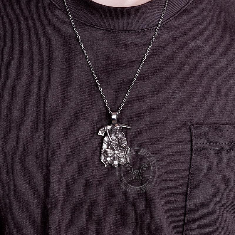 Grim Reaper Moth Stainless Steel Skull Pendant