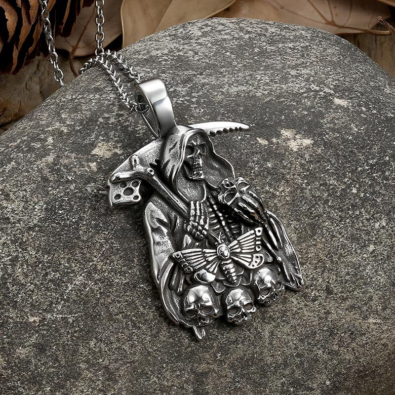 Grim Reaper Moth Stainless Steel Skull Pendant | Gthic.com