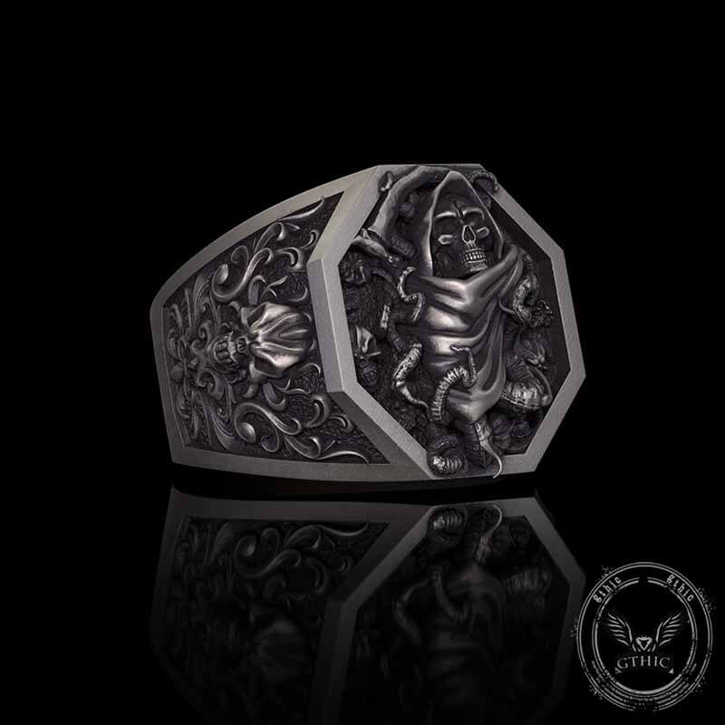 Grim Reaper Scythe Skull Tentacle Sterling Silver Ring 03 | Gthic.com