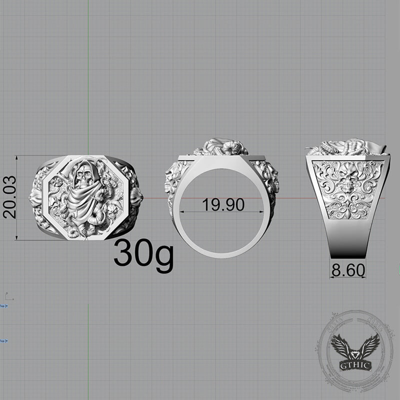 Grim Reaper Scythe Skull Tentacle Sterling Silver Ring