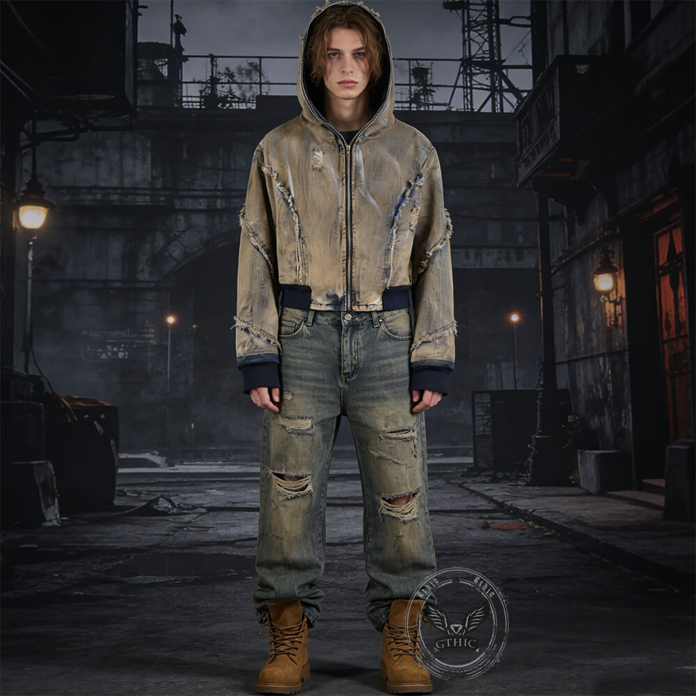 Grunge Style Short Frayed Distressed Hooded Denim Jacket | Gthic.com