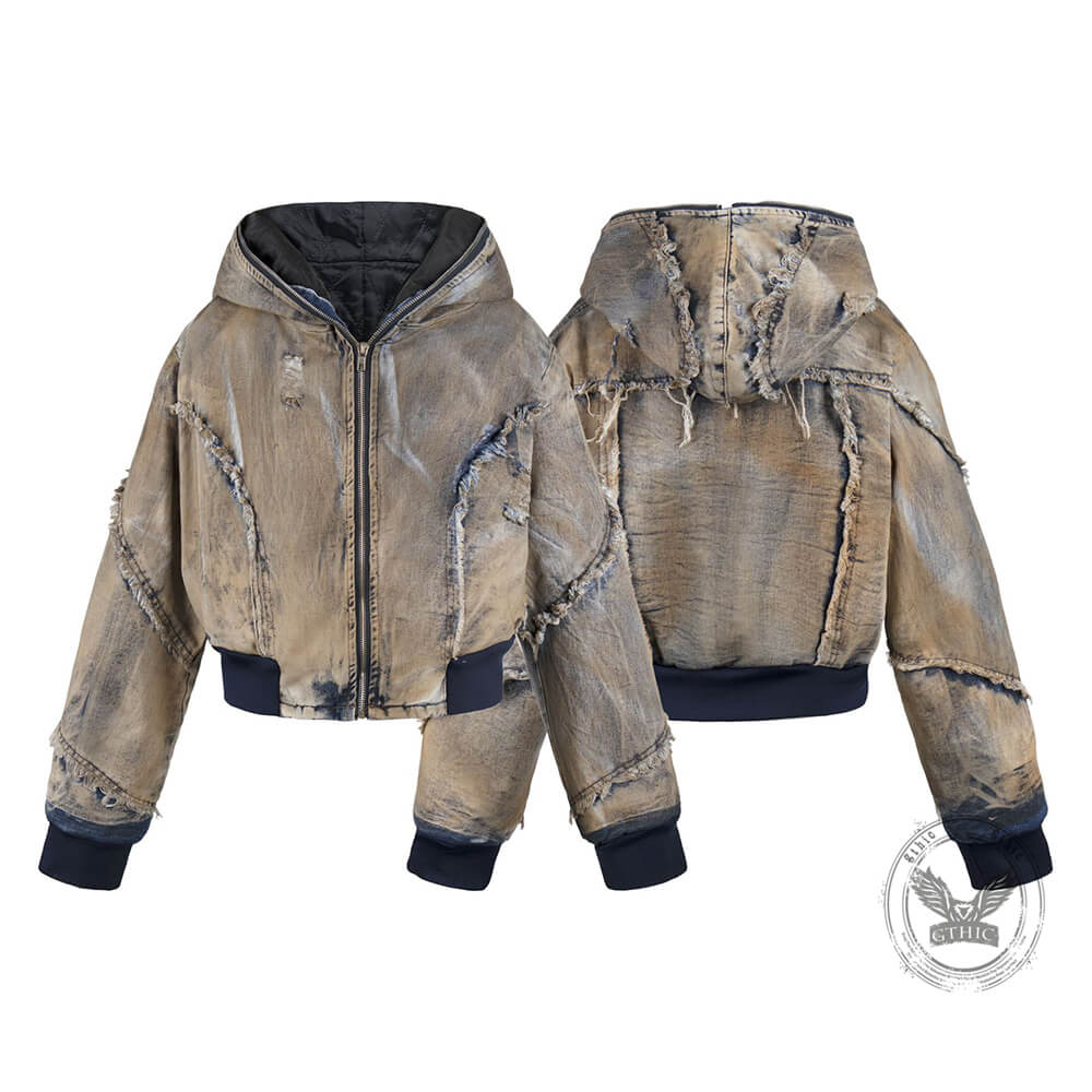 Grunge Style Short Frayed Distressed Hooded Denim Jacket | Gthic.com