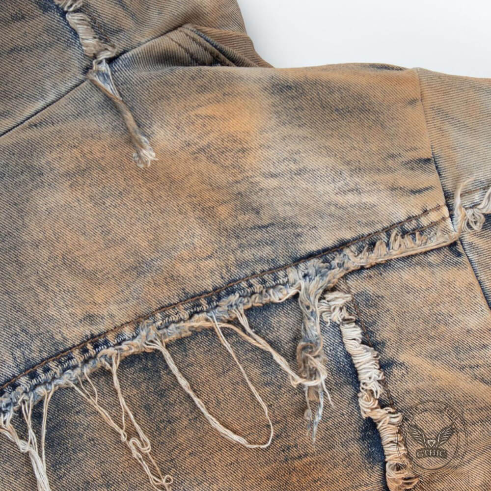 Grunge Style Short Frayed Distressed Hooded Denim Jacket | Gthic.com