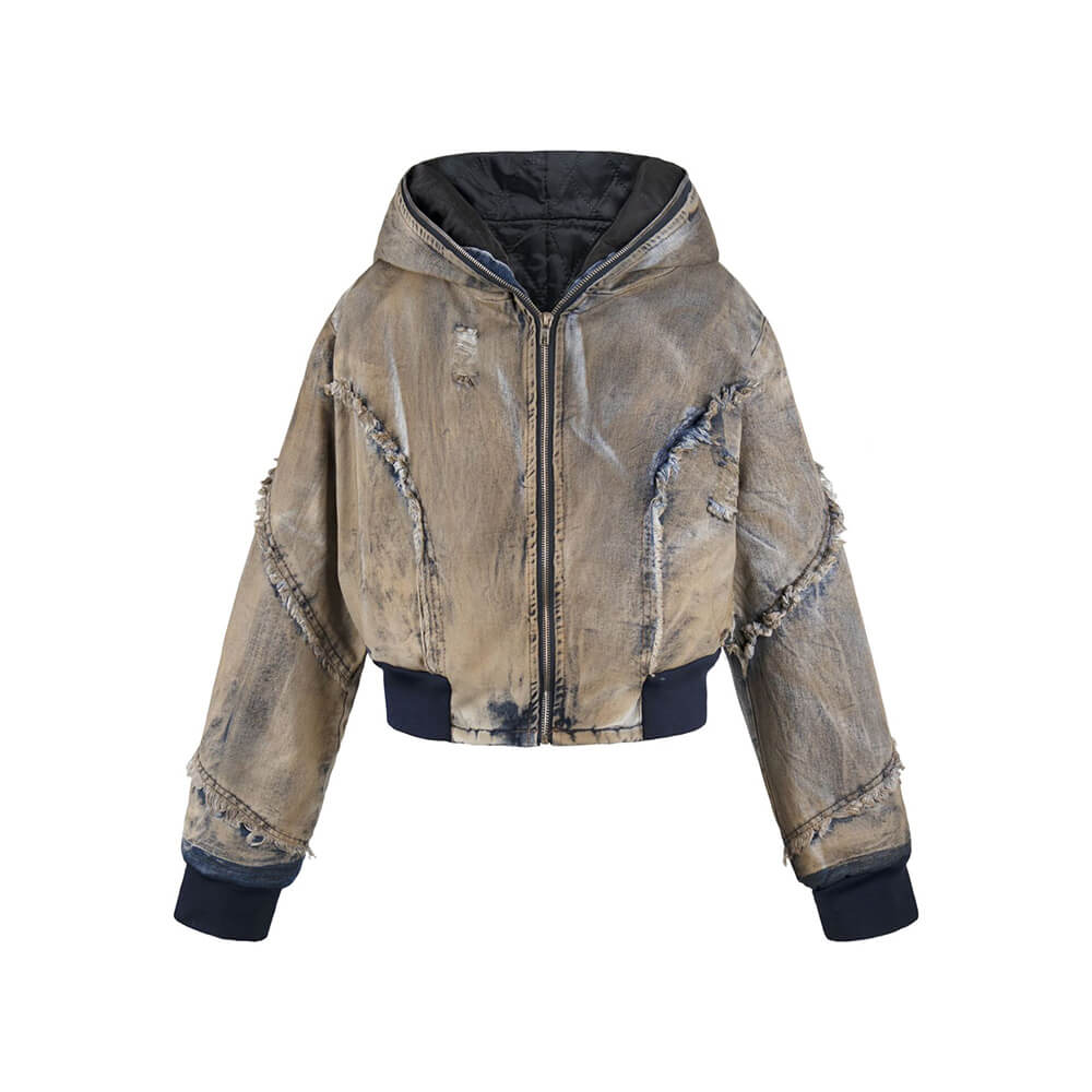 Grunge Style Short Frayed Distressed Hooded Denim Jacket | Gthic.com