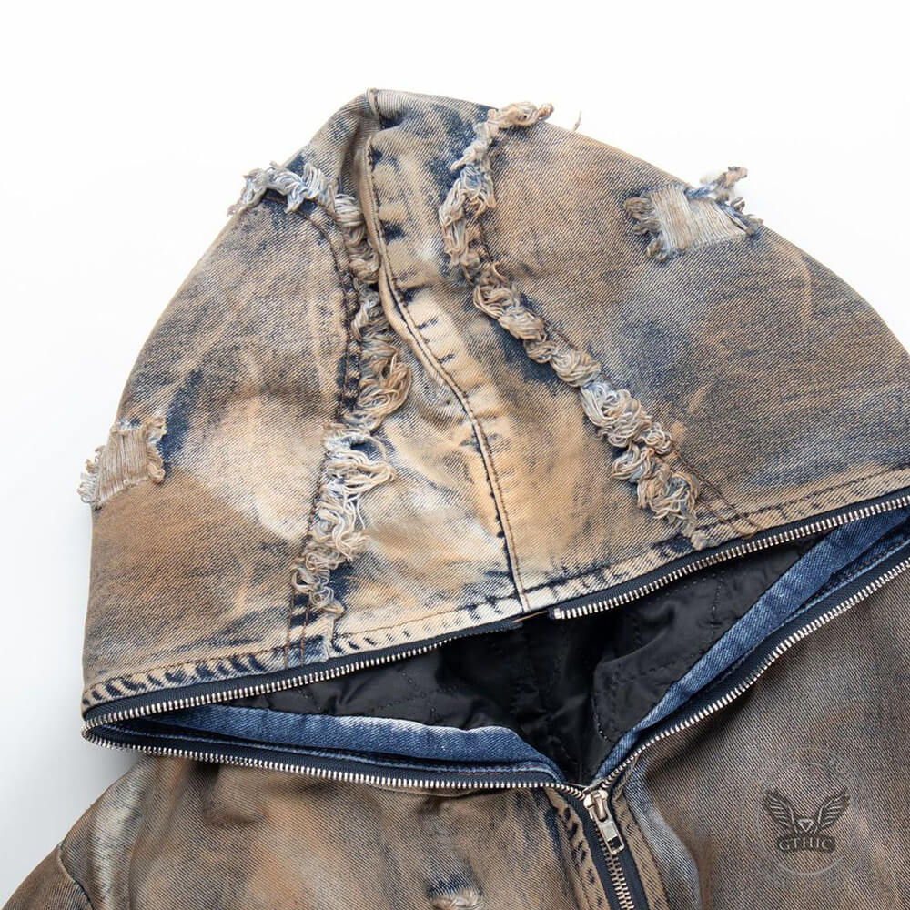Grunge Style Short Frayed Distressed Hooded Denim Jacket