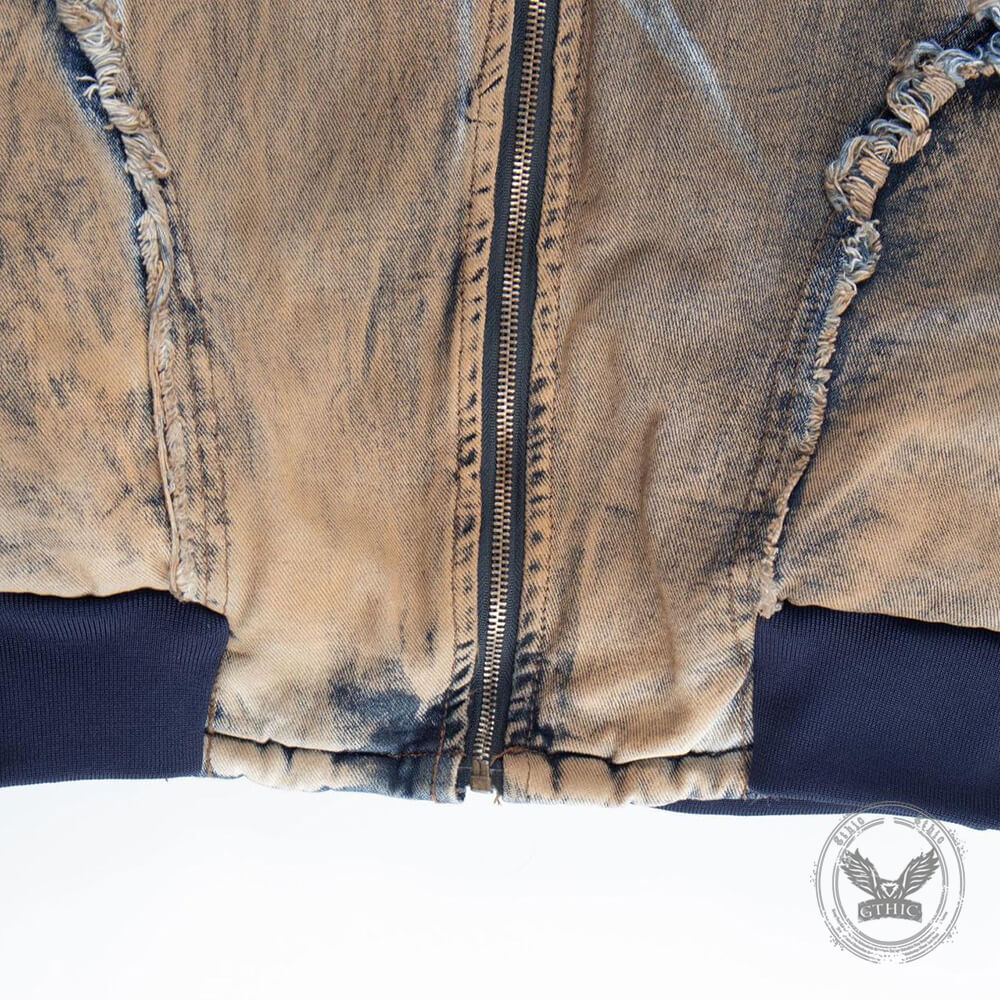 Grunge Style Short Frayed Distressed Hooded Denim Jacket