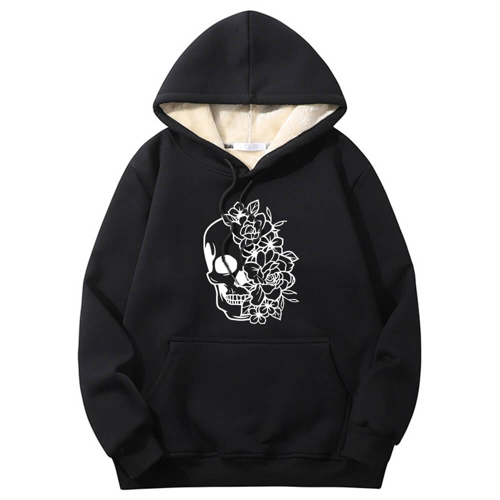 Half Face Skeleton Flower Crew Collar Fleece Sherpa Hoodie