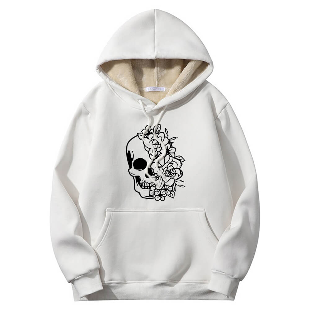 Half Face Skeleton Flower Crew Collar Fleece Sherpa Hoodie