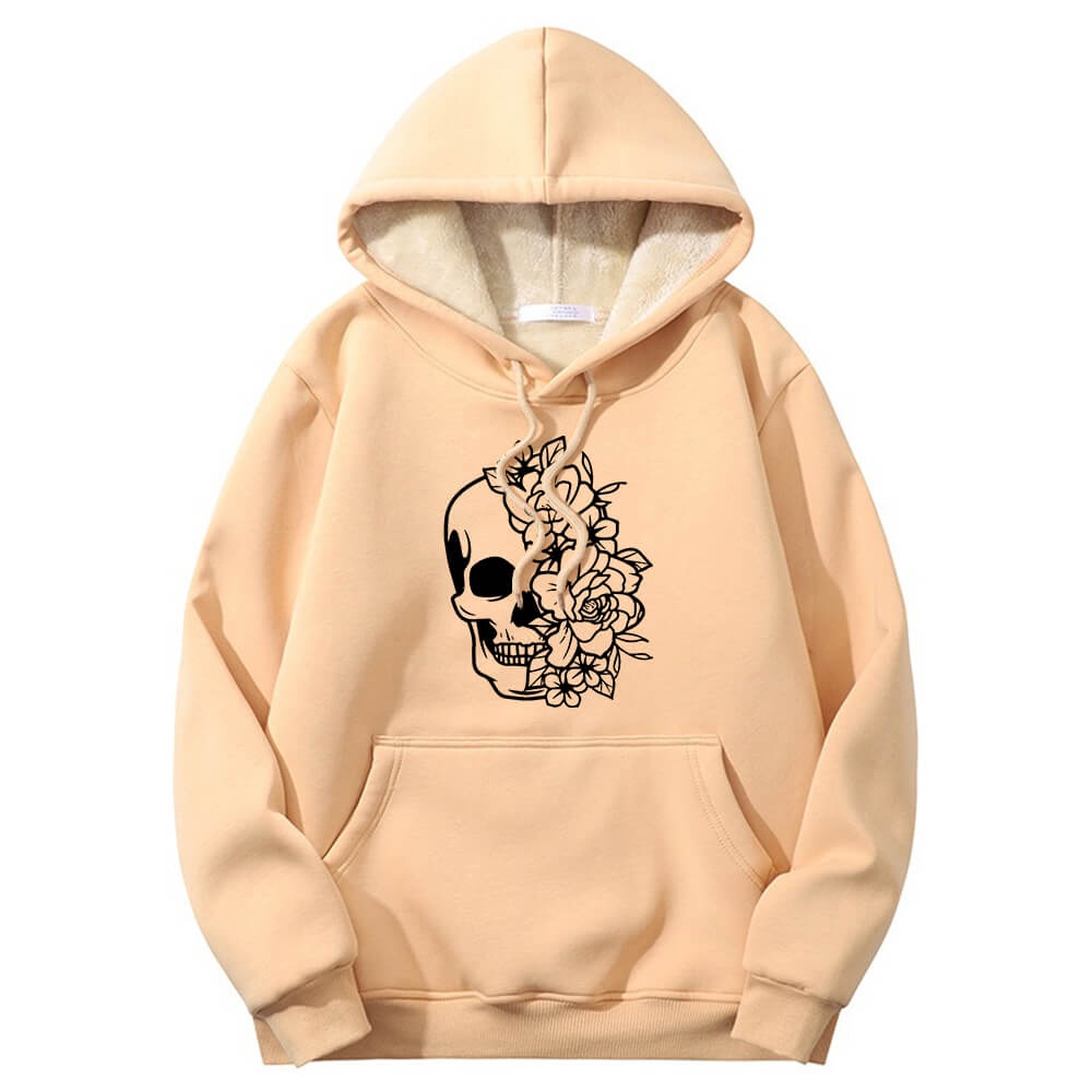 Half Face Skeleton Flower Crew Collar Fleece Sherpa Hoodie