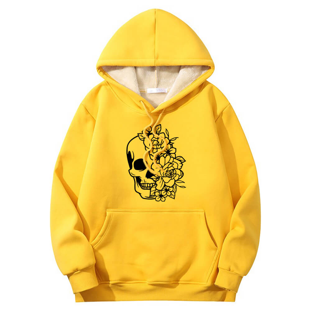 Half Face Skeleton Flower Crew Collar Fleece Sherpa Hoodie