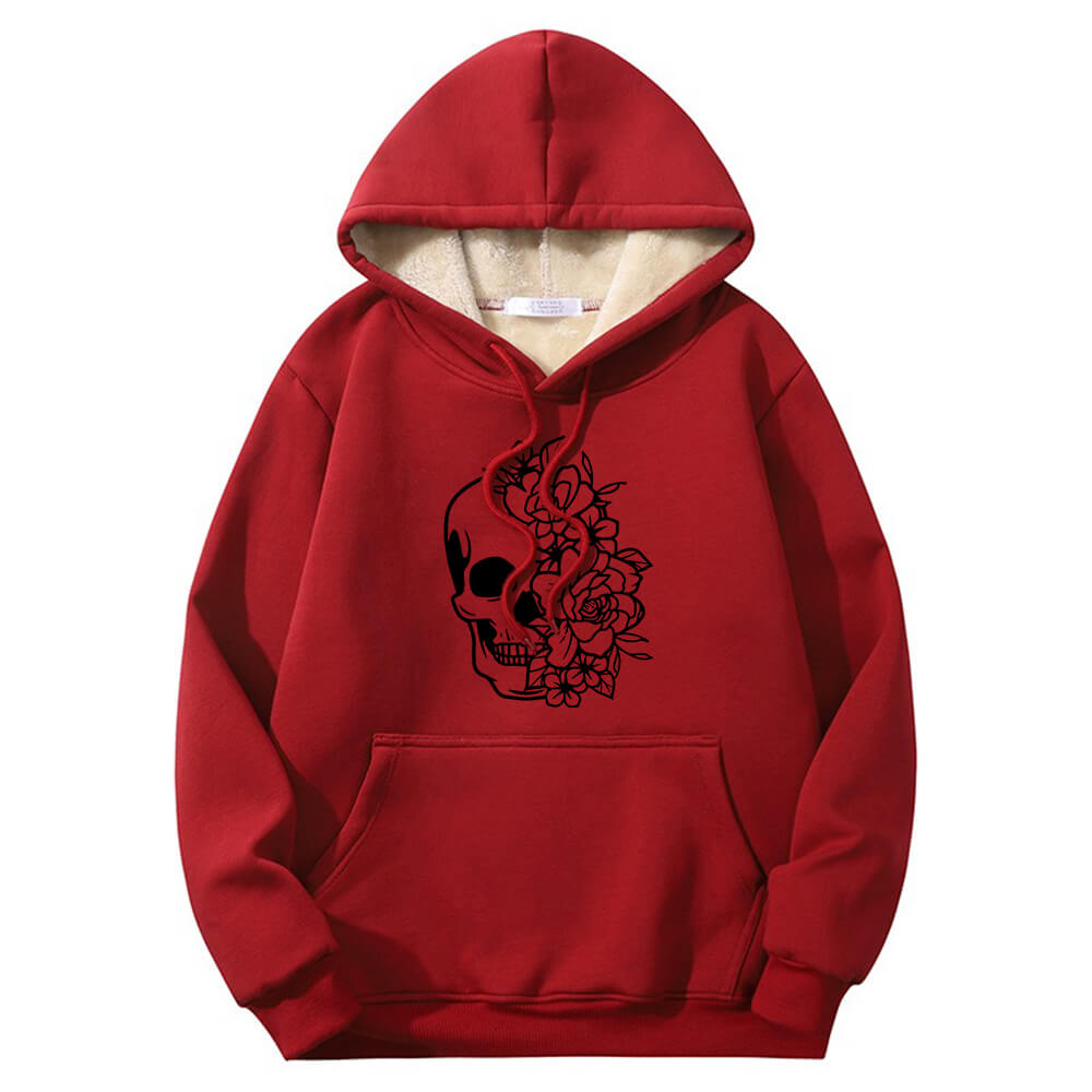 Half Face Skeleton Flower Crew Collar Fleece Sherpa Hoodie