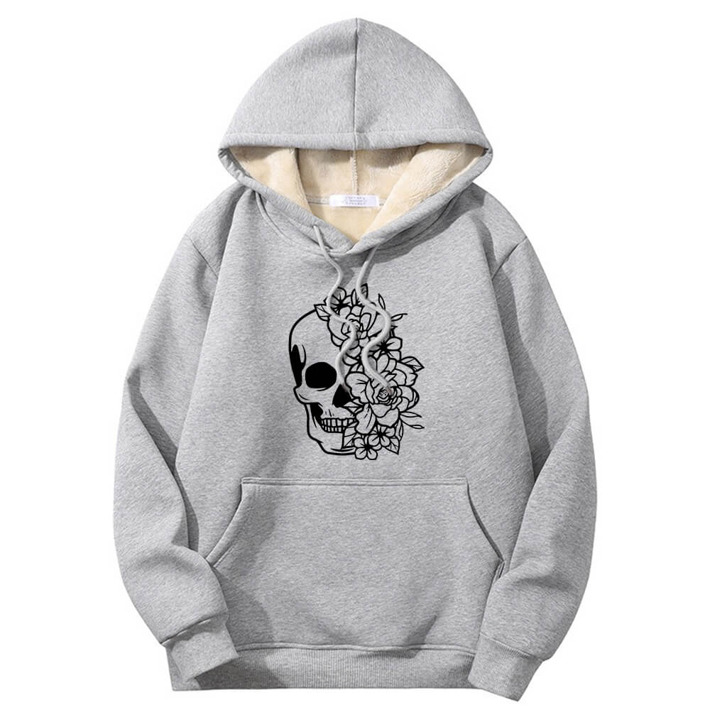 Half Face Skeleton Flower Crew Collar Fleece Sherpa Hoodie