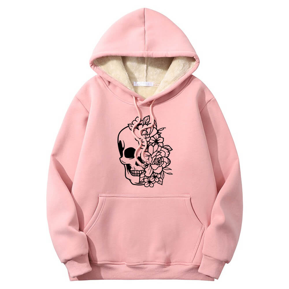 Half Face Skeleton Flower Crew Collar Fleece Sherpa Hoodie