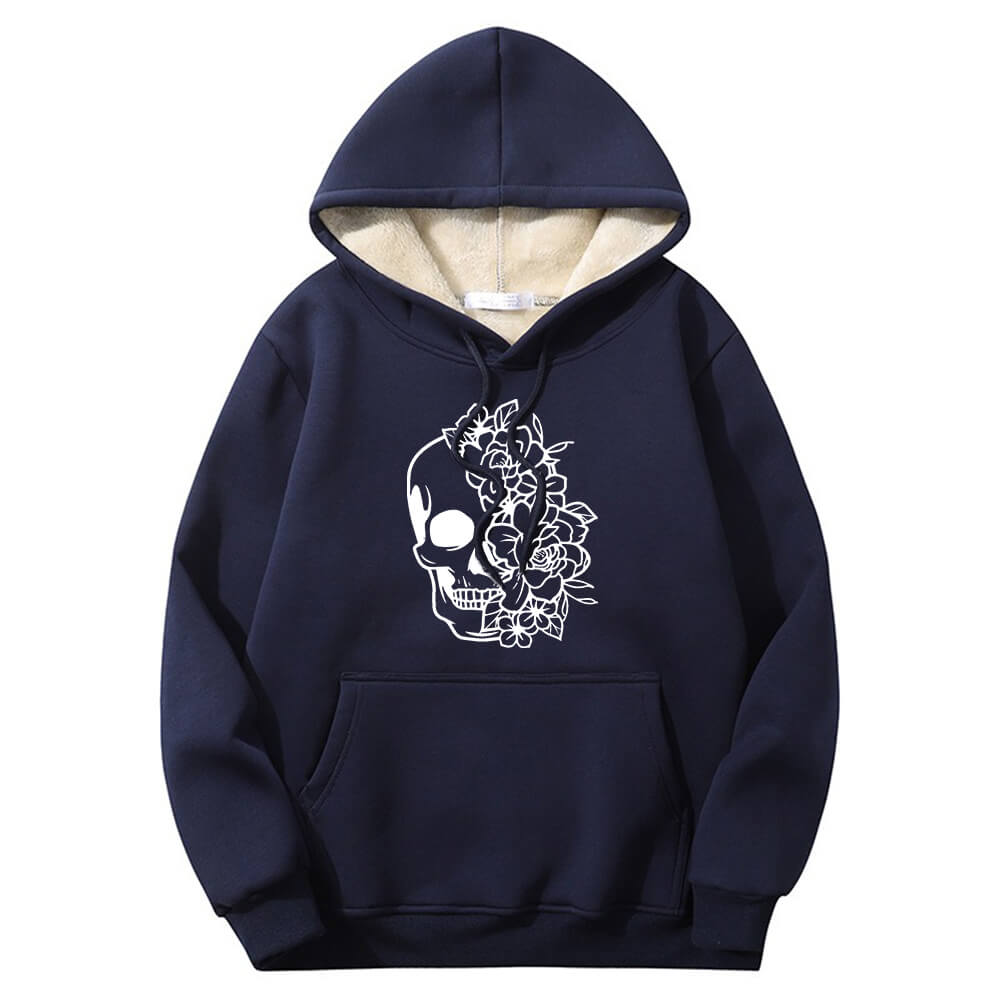 Half Face Skeleton Flower Crew Collar Fleece Sherpa Hoodie