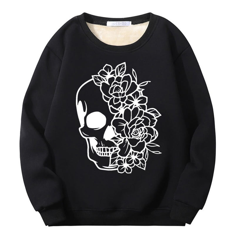 Half Face Skeleton Flower Plague Crew Collar Sweatshirt