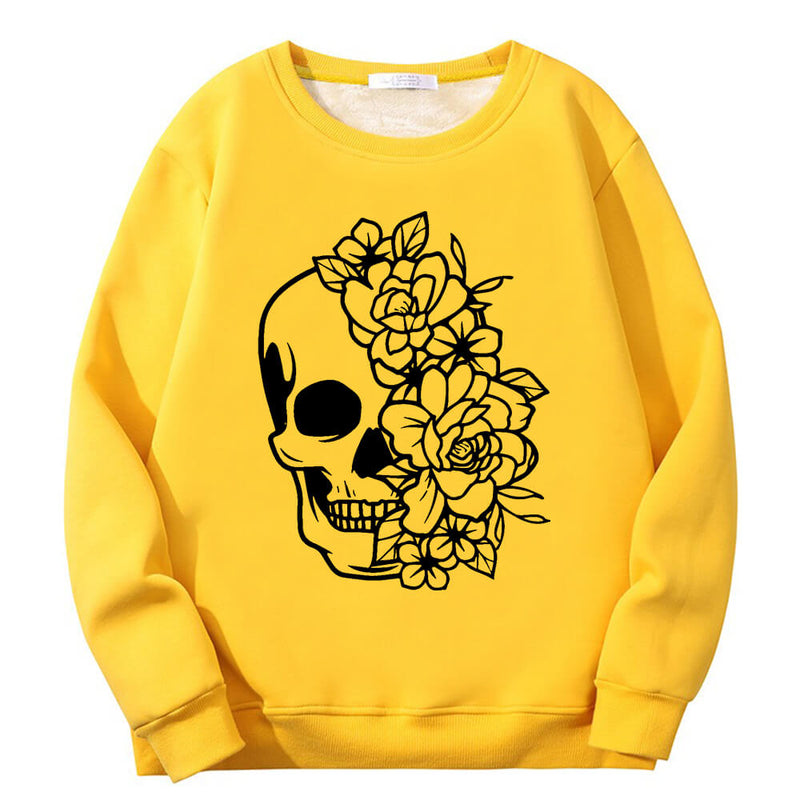 Half Face Skeleton Flower Plague Crew Collar Sweatshirt