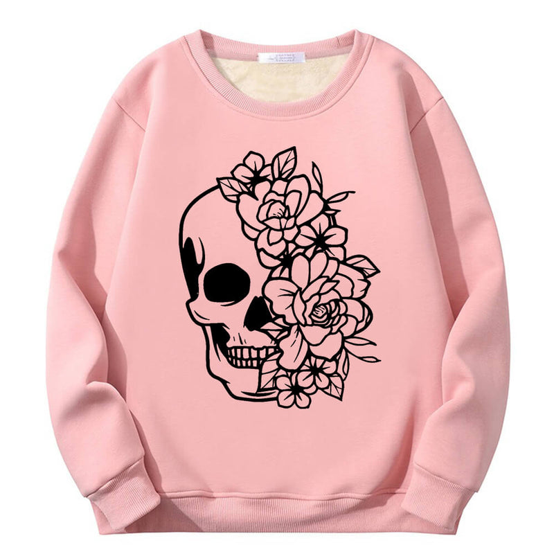 Half Face Skeleton Flower Plague Crew Collar Sweatshirt